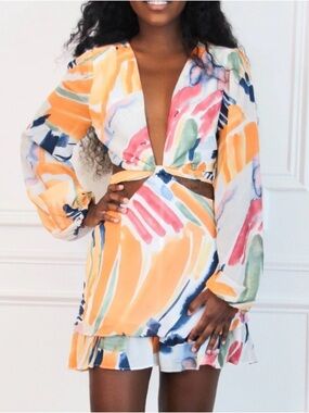 WORK OF ART ABSTRACT CUTOUT ROMPER Deep Plunge Open Back Bloomers Playsuit Small